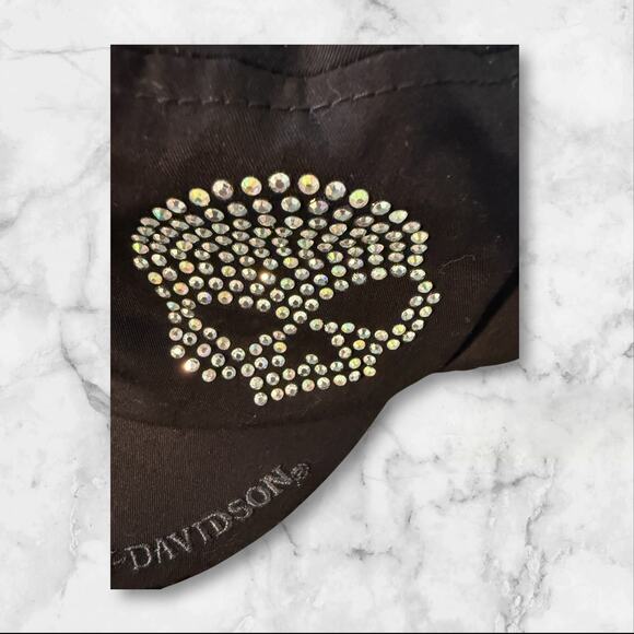Harley-Davidson Black Military Cap Hat Rhinestone Skull Logo Women’s Biker - Picture 3 of 7